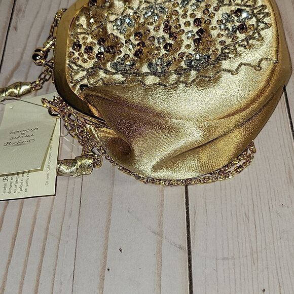 Gorgeous BARBARA Pelletarria Italy Clutch Satin Beaded  Bag  Gold NWT - Picture 9 of 13